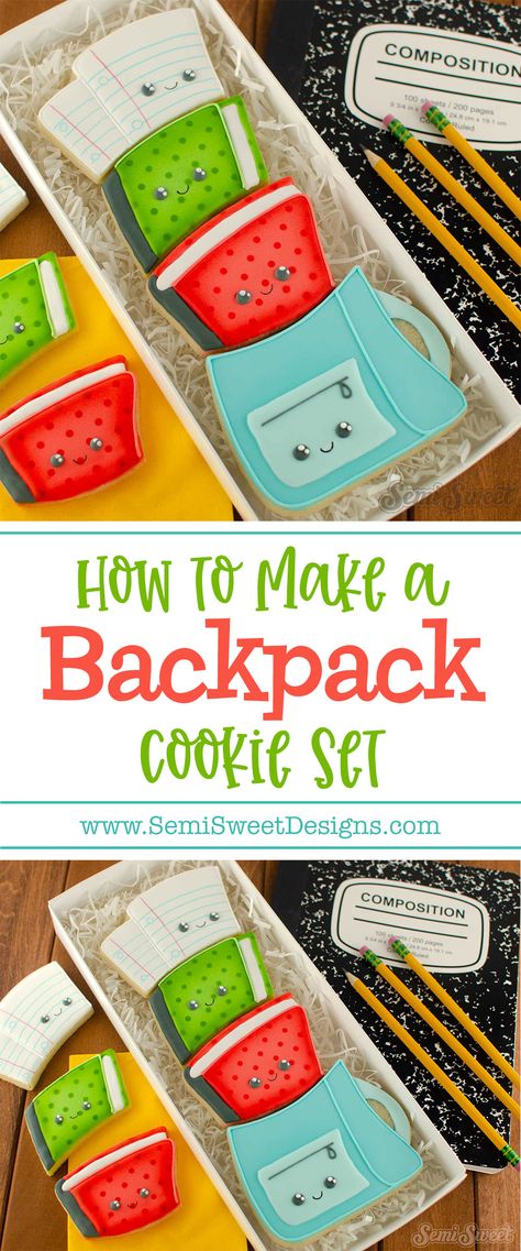 Learn to create this 4-piece backpack cookie set for back-to-school season! Free recipe and detailed tutorial available! Make A Backpack, Flood Icing, Egg Yellow, Gravity Defying Cake, Blue Icing, White Icing, Edible Food, Cookies For Kids, Mini Cookies