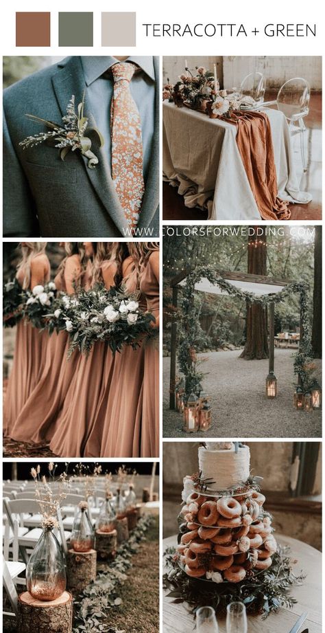 20 Terracotta And Sage Green Wedding Colors & Ideas 2023 | Cinnamon And Grey Wedding, Terra Cotta And Eucalyptus Wedding, Boho Wedding Color Schemes Spring, Tux Ideas For Wedding, Tux Colors Wedding, Wedding Tux Colors, Early Summer Wedding Colors, Terracotta And Greenery Wedding, Fall Wedding Colors September