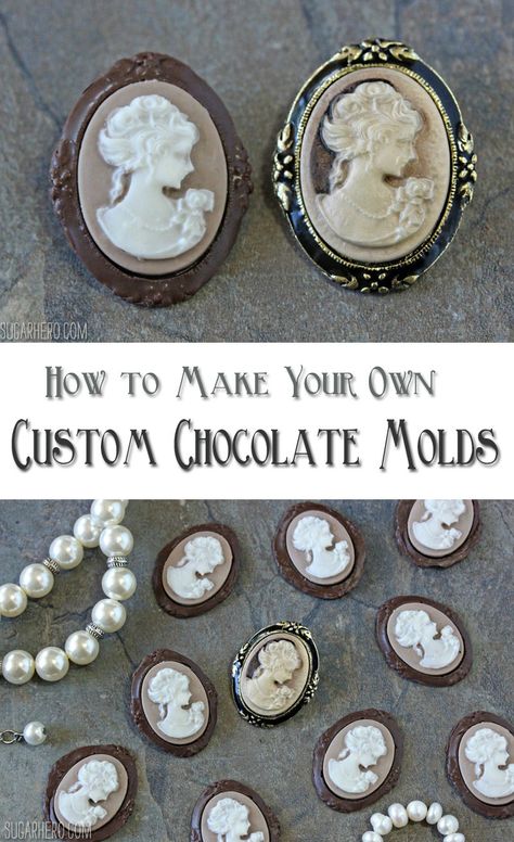 Make your own chocolate molds at home! Make chocolate versions of your favorite jewelry or other special objects. | From SugarHero.com Candy Molds Ideas, Coconut Hot Chocolate, Make Your Own Chocolate, Blackberry Syrup, Chocolate Candy Molds, Chocolate Art, Custom Chocolate, Modeling Chocolate, Chocolate Chocolate