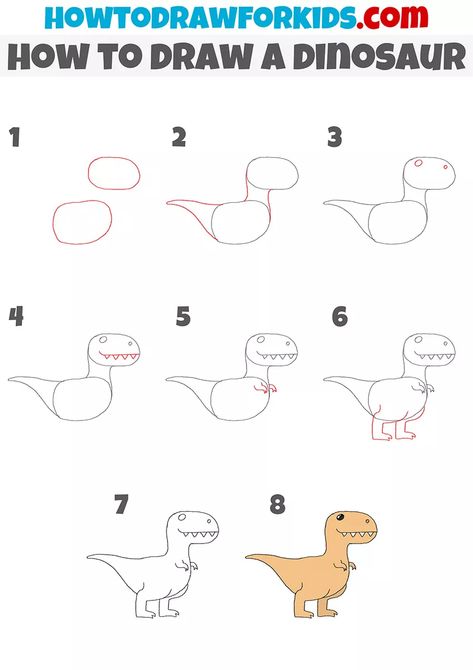 How to Draw a Dinosaur Easily - Easy Drawing Tutorial For Kids How To Draw A T-rex, Easy Dinosaur Drawing, Draw A Dinosaur, Very Easy Drawing, Drawing Lessons For Kids, Sketching Tips, Dinosaur Drawing, Draw Animals, Easy Drawing Tutorial