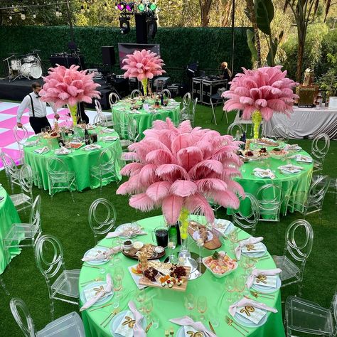 Check our website or DM for available colors 💕 • • • #weddingdecor #weddinginspiration #weddinglosangeles #tablestyling #tablescape #tablecenterpiece #ostrichfeathers #ostrichfeathercenterpieces #feathercenterpiece #specialeventrentals #rentfeathers #roaring20s #oldhollywood Green And Pink Centerpieces, Green Tables, Ostrich Feather Centerpieces, Clear Chairs, Pink Centerpieces, Great Gatsby Theme, Feather Centerpieces, Great Gatsby Party, Green Table