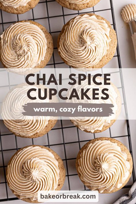 These warm, cozy Chai Spice Cupcakes with creamy chai-spiced frosting are packed with the perfect blend of spices, making them perfect for chai lovers and anyone who enjoys sweet, spiced desserts! Chai Baked Goods, Chai Cupcake, Spiced Frosting, Spiced Desserts, Chai Muffins, Spiced Cupcakes, Chai Cupcakes, Pumpkin Cheesecake Brownies, Spice Frosting