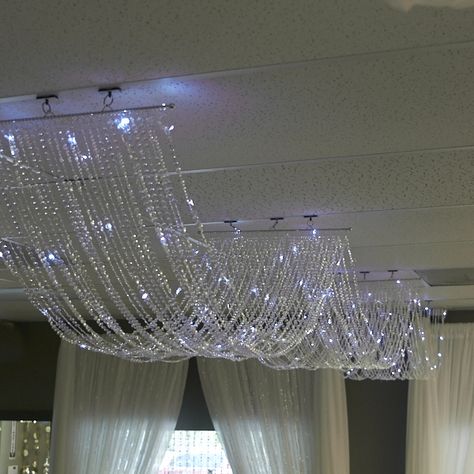 White Chandeliers, Up Lights, Ceiling Draping, Event Decor Direct, Ceiling Curtains, Large Chandelier, Crystal Ceiling Light, Diy Chandelier, Beaded Curtains