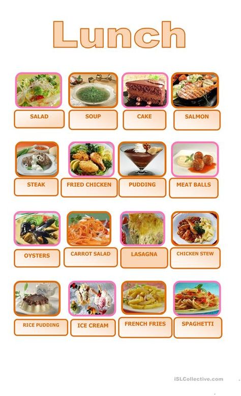 Food - mini pictionary: LUNCH worksheet - Free ESL printable worksheets made by teachers Plane Food, Fun Worksheets For Kids, Food Vocabulary, Pudding Ice Cream, Esl Vocabulary, Salmon Steak, Lunch Salads, Work Lunch, Chicken Stew