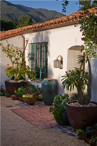 Big Container Gardens  Container Gardens  Grace Design Associates  Santa Barbara, CA Spanish Exterior, Boho Glam Home, Santa Barbara Style, Spanish Bungalow, Spanish Garden, Succulent Garden Design, Mediterranean Landscaping, Mediterranean Home Decor, Casas Coloniales