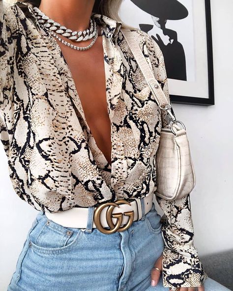 Snake Shirt Outfit, Snake Skin Outfit Ideas, Snake Print Shirt Outfit, Snake Skin Tattoo, Snake Print Outfit, Printed Shirt Outfit, Chiffon Outfit, Skin Tattoo, Silk Crop Top