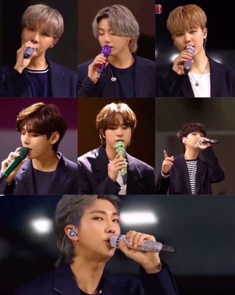 BTS NEW MIC COLORS (2021) Seokjin: Light green (glitter) Hoseok: Silver/light blue Jungkook: Purple (metallic) Jimin: Light purple/silver (glitter) Yoongi: Silver (metallic) Namjoon: Silver (glitter) Taehyung: Dark green (metallic) Blue Jimin, Bts For You, Bts Army Logo, My Idol, Bts Group Picture, Bts Facts, Bts Group Photos, Kpop Funny Bts, Bts Playlist