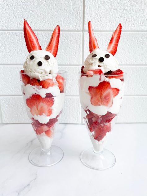 Easter Bunny Strawberry Parfaits, Easter Bunny Parfait Recipe, Easter Yogurt Parfait, Strawberry Shortcake Easter Bunny Parfait, Non Dairy Easter Desserts, Easter Ice Cream Ideas, Dairy Free Easter Treats, Dairy Free Easter Dessert, Easter Bunny Parfait