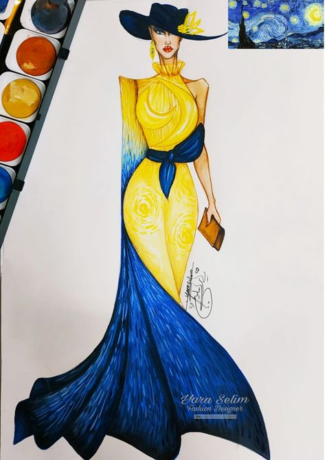 Sketches Van Gogh Fashion Inspiration, Starry Night Inspired Dress, Van Gogh Inspired Outfit, Starry Night Fashion, Van Gogh Dress, Starry Night Dress, Ysl Fashion, Greece Fashion, Fashion Design Books