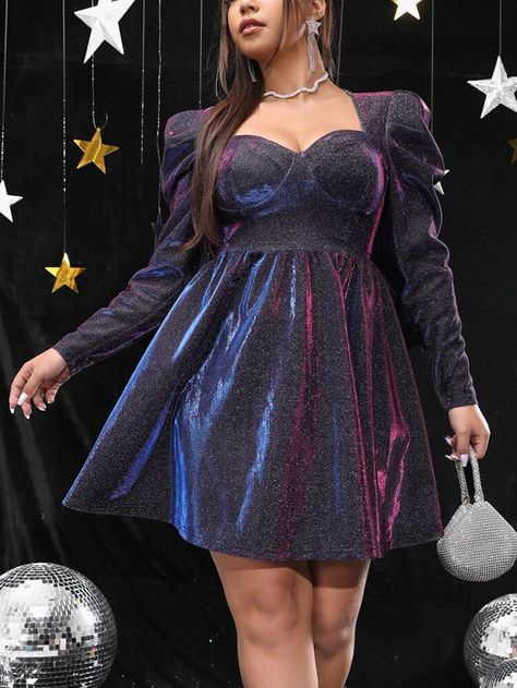 Free Returns ✓ Free Shipping On Orders $49+ ✓. SHEIN Belle Plus Sweetheart Neck Gigot Sleeve Glitter Dress- Plus Size Dresses at SHEIN. Birthday Outfit Plus Size, Plus Size Birthday Outfits, Outfits For Chubby Girls, Dress For Chubby, Girls Party Outfits, Light Up Dresses, Short Frocks, Gigot Sleeve, Cocktail Dresses With Sleeves