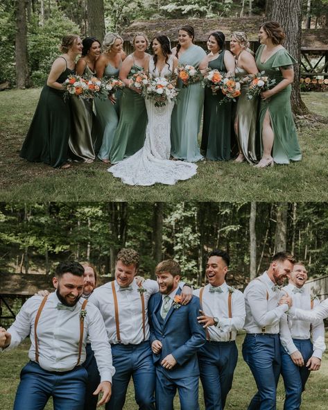 One of the sweetest and most heartfelt days. 💗 Happy first wedding anniversary, Holly and Tyler! Cheers to forever adventuring together! Vendors who made their day amazing: Venue: @thecampatbuffalomountain Videographers: @radiantmountainmedia Coordinator: Vanessa Canter, @canter_entertainment Officiant: Rick Toomey Florist: @simplyyoursandco Beauty: @powerponystudios Dress: @bluewillowbridal1 Veil: @veilsbysarah Bridesmaids’ Dresses: @birdygrey Groom & Groomsmen Suits: @bluewillow... Green Bridesmaid Dresses And Navy Suits, Navy Blue And Green Groomsmen, Green And Blue Groomsmen, Groomsmen With Sage Green Bridesmaids, Sage Green Bridesmaid Dresses With Navy Groomsmen Suits, Navy And Green Bridal Party, Groom And Groomsmen Attire Blue, Groomsmen Attire With Green Bridesmaids, Green Groomsmen And Bridesmaids