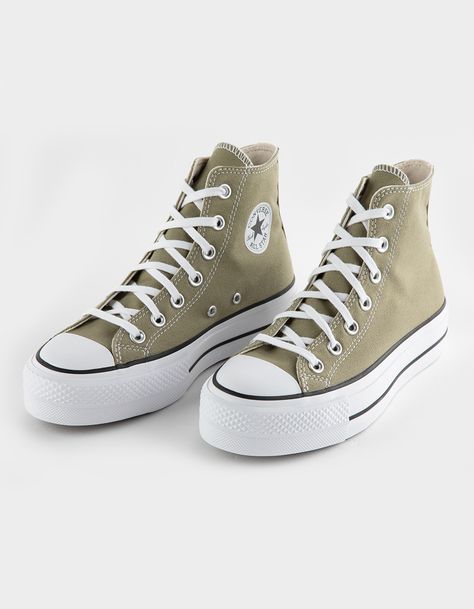 Converse Chuck Taylor All Star Lift Platform High Top Shoes. Created In 1917, The Chuck Taylor All Star Sneaker Was The Original Basketball Shoe. Its Use Has Changed Over The Years, But It's Still Perfect In Its Simplicity. With Its Timeless Silhouette, Vulcanized Rubber Sole And Unmistakable Ankle Patch, The Chuck Is Ready For You To Make It Your Own. Classic Chuck Taylor Details With A Double-Stacked Rubber Sole For Added Height. Canvas Upper. Imported. Converse Lift Outfit, Womens High Top Shoes, Forest Core, Chuck Taylor All Star Lift, Amazing Clothes, Shoes Outfit Fashion, Design Shoes, Girly Shoes, Aesthetic Shoes