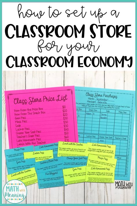 Learn how to set up a classroom store run by students for your classroom economy! Class Economy Rewards, Classroom Economy Rewards, Classroom Money Reward System Middle School, Money Classroom Management Reward System, Classroom Store Ideas Middle School, Money System In Classroom, Classroom Economy System Elementary, Middle School Classroom Rewards, Money Reward System For Classroom