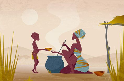 African village, african woman feeding a hungry child #AFRICA #AFRICAN FAMILY #ETHNIC #FOOD #HUNGER #ILLUSTRATION #LANDSCAPE Hunger Illustration Art, African Family Art, African Cartoon Art, African Illustration Design, Africa Illustration Art, African Food Illustration, South African Illustration, African Illustration Art, African Village Illustration