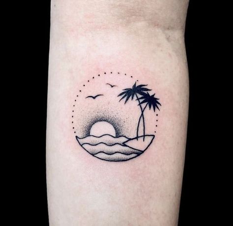 Matching Beach Tattoo, Small Beach Tattoo For Women, Strand Tattoo, Coast Tattoo, Holiday Tattoo, Heart Tattoos With Names, Palm Tattoo, Beachy Tattoos, Disney Sleeve Tattoos