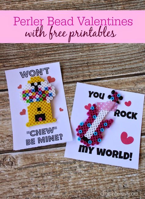 My kids love crafting and creating with perler beads, so I thought why not make a few adorable Valentines with them?   There are so many options, but we stuck with a bubble gum machine and a guitar so we could use the phrases, “Won’t Chew be Mine” and “You Rock my World”.  The cheesier... Perler Valentines, Guitar Valentine, Bubblegum Machine, Bubble Gum Machine, You Rock My World, Arts And Crafts For Teens, Fun Arts And Crafts, Easy Arts And Crafts, Art And Craft Videos