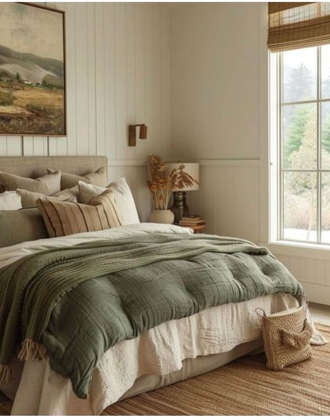 Earthy French Country, Stone Neutral Bedroom, Organic Vintage Bedroom, Primary Bedroom Aesthetic, Nature Lover Home Decor, Elegant And Cozy Bedroom, Forest Green Guest Room, Earthy Bright Bedroom, Layered Cozy Bedding