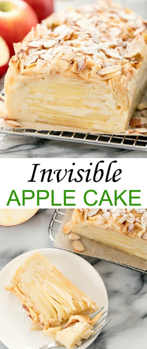 Invisible Apple Cake (Gâteau Invisible). This unique dessert features dozens of layers of thinly sliced apples held together by a custard-like cake batter. Apple Cake With Sliced Apples, Apple Slice Cake, Sliced Apple Dessert Recipes, Apple Cake In Loaf Pan, Apple Pie Custard Cake, Apple Cake Pie, Sliced Apple Cake Recipe, Layered Apple Cake Recipe, Apple Layer Dessert