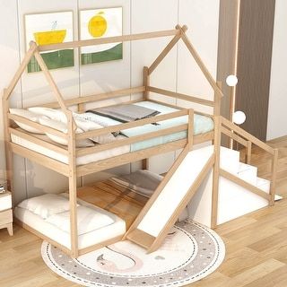 Full Over Twin Bunk Bed with Desk, Drawers and Shelves - Bed Bath & Beyond - 40372179 Storage Staircase, Wood Playhouse, Twin House, House Bunk Bed, Bunk Bed With Slide, Staircase Storage, Loft Bed Frame, Loft Bunk Beds, Wood Bunk Beds