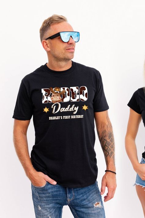 Rodeo Daddy Cowboy cow pattern first rodeo birthday matching family photoshoot T-Shirt black Cowboy Party Invitations, Cowboys Hat, First Rodeo Birthday, Rodeo Birthday Parties, Baby Horse, Rodeo Party, Matching Family T Shirts, Rodeo Birthday, Custom Birthday Shirts