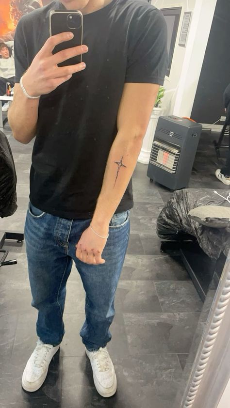 Star Tattoos Forearm, Male Star Tattoo, Stars Forearm Tattoo, Forearm Cross Tattoo Men, Arm Cross Tattoo, Cross Tattoos For Men Forearm, Cross Tattoo Forearm, Cross Tattoo For Men, Cross Tattoos