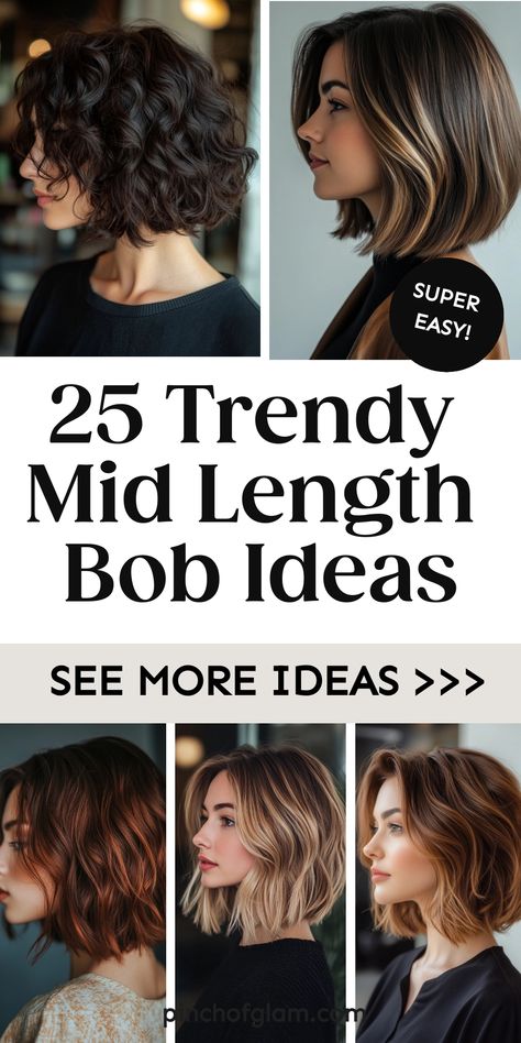 Looking for a chic and versatile new hairstyle? Check out these trendy mid-length bob hairstyles that are perfect for any occasion! Whether you prefer a classic mid-length bob cut or want to add layers for extra volume and texture, there's a style that will suit your personality. Embrace the effortless beauty of a mid-length bob haircut and get ready to turn heads wherever you go! Experiment with different styling options like loose curls, beachy waves, or sleek straight hair to find your signat Sassy Mid Length Haircuts, Hairstyle Bob Medium, Mid Length Wavy Bob, Medium Bob Wavy Hair, Sleek Long Bob Haircut, Bob Haircuts For Thick Wavy Hair, Medium Short Hairstyle Women Straight, French Long Bob Haircut, Medium Length Bob Haircut For Fine Hair