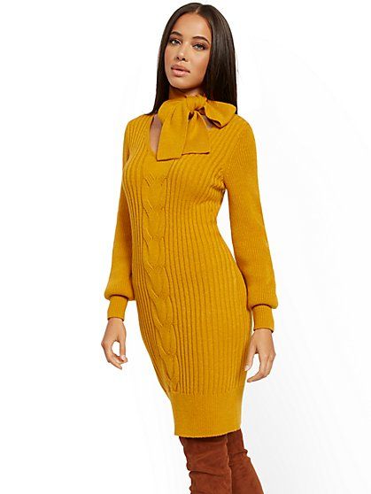 Dresses for Women | New York & Company Yellow Sweater Dress, Capsule Wardrobe Casual, Plus Size Fall Outfit, Sweater Dress Outfit, Cable Knit Sweater Dress, Lazy Day Outfits, Company Website, Yellow Sweater, Photoshoot Outfits