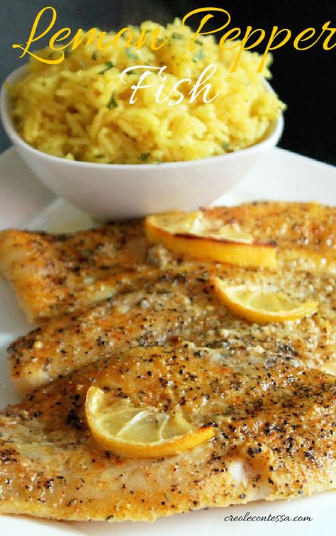 Lemon Butter Rice, Lemon Pepper Fish, Buttered Rice Recipe, Lemon Fish, Butter Rice, Fish Dinner, Baked Fish, Lemon Butter, Lemon Pepper