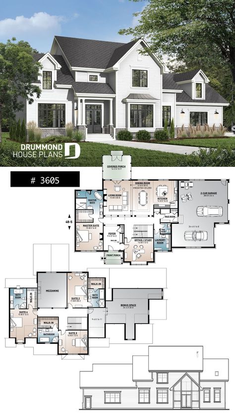 Large Modern Farmhouse, Country Farmhouse House Plans, Garage Home Office, Side Garage, Pelan Rumah, Basement House Plans, Farmhouse Floor Plans, Sims 4 House Plans, Casas The Sims 4