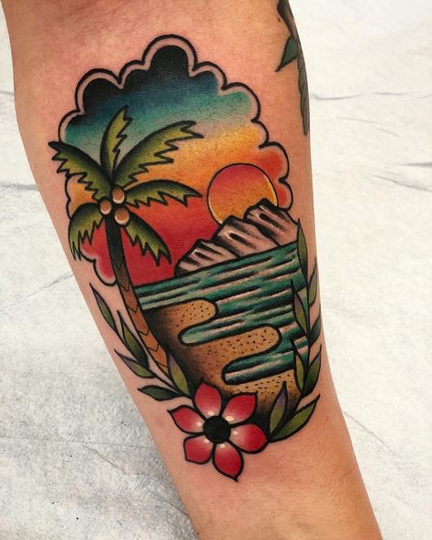 🏝super fun beach scene from yesterday! Old School Traditional, Scene Tattoo, Army Tattoos, Sunset Tattoos, Tattoo Old School, Palm Tattoos, Landscape Tattoo, Palm Tree Tattoo, Beach Tattoo