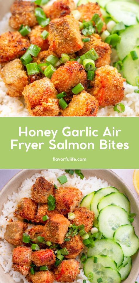 Try the best salmon bites recipe for a delicious meal. These air fried, crispy salmon bites are a hit. This salmon bites recipe is perfect for any meal, and it's an easy air fryer salmon dish you'll love. Air Fried Salmon Bites, Glazed Salmon Bites, Fried Salmon Bites, Honey Garlic Salmon Bites, Garlic Salmon Bites, Salmon Bites Recipe, Protein Dinner Recipes, Air Fryer Salmon, Salmon Bites