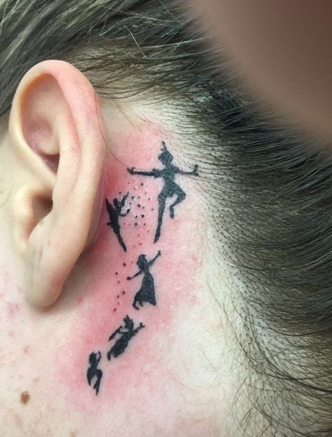 Peter Pan shadow tattoos #peterpan #wendy #me #tinkerbell #tattoo #peterpantattoo Peterpan Tattoo, Ear Tattoo Small, Behind Ear Tattoo Small, Disney Inspired Tattoos, Peter Pan Tattoo, Element Tattoo, Science Tattoos, Shadow Tattoo, Hp Tattoo