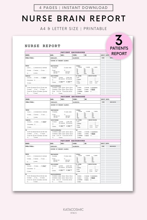 "This is a printable 3 Patient Nurse Report Sheet that has all the metrics and details your need to make your shifts more organized. .  Just download, print and get started right away! Product information: * Your purchase includes A4 and Letter templates. * Text and colours that are part of the design CAN NOT be altered. * Room for hole punches on either side * Perfect for home and office use. * Print as many pages as you need. * Simply print from your home printer, or send to a local printing s Med Surg Nurse, Nurse Brain Sheet, Nurse Brain, Nurse Report Sheet, Med Surg Nursing, Nursing School Tips, Med Surg, Hole Punches, Nursing Notes