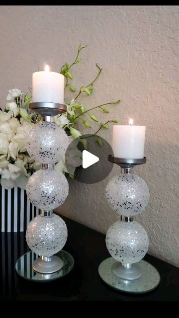 Sandra Figueiredo on Instagram: "Sharing one of my viral Christmas DIY from last year, with supplies from Dollar Tree. I took Christmas ornaments and turned them into these glam candle holders.  Do you like? . #crafts #diy #diyproject #decorcrafts #honedecor #dollartreediy #dollartteedecor #christmasornaments #Christmasdiy #christmasdiydecor #candleholders #dollartreecrafts" Candle Stand Diy, Christmas Candle Holders Diy, Glam Candles, Dollar Store Ideas, Dollar Store Christmas, Christmas Centerpieces Diy, Centerpieces Diy, Winter Decorating, Diy Candle Holders