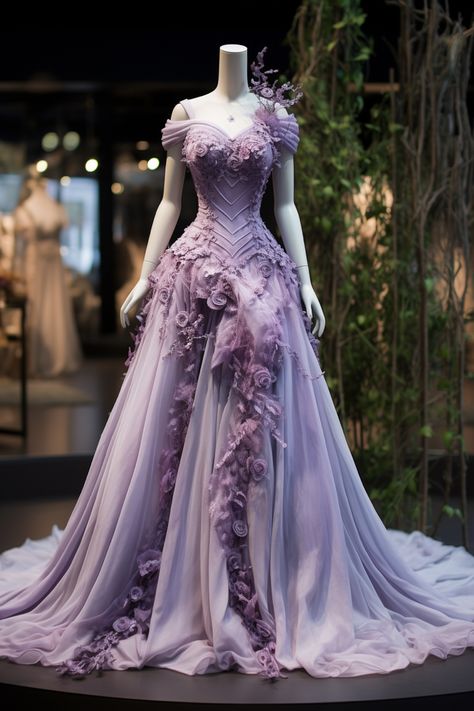 Lavender flower inspired gown Purple Gown Aesthetic, Light Purple Wedding Dress, Lavender Wedding Dress, Sweetheart Wedding Gown, Lilac Prom Dresses, Elven Dress, Paolo Sebastian, Purple Wedding Dress, Beautiful Long Dresses