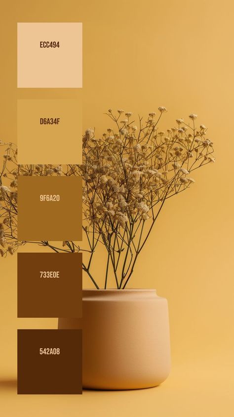 Colors:
ECC494 ° D6A34F ° 9F6A20 ° 733E0E ° 542A08 Monochromatic Yellow, Flat Color Palette, Gradient Color Design, Website Color Palette, Monochromatic Color Palette, Hex Color Palette, Yellow Colour Scheme, Color Palette Challenge, Color Palette Yellow