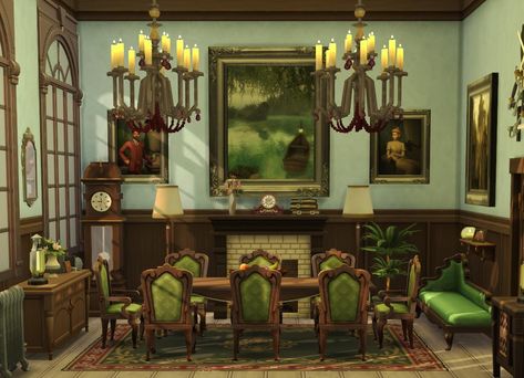 Sims 4 Manor Interior, Sims 4 Victorian Living Room, Bloxburg Victorian Dining Room, Sims 4 Victorian Interior, Sims 4 Vintage Kitchen, Sims 4 Victorian House Interior, Sims Interior Ideas, Sims Dining Room, Sims 4 Dining Room Ideas