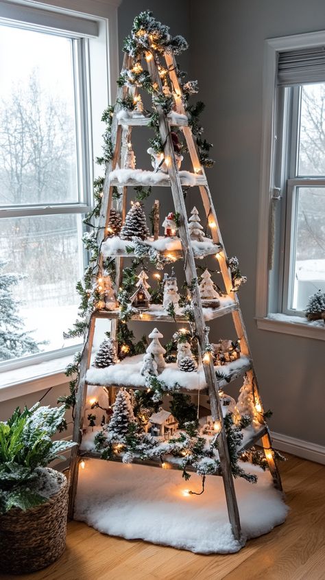 17+ Unique Christmas Ladder Tree Ideas to Inspire Your Holiday Decor - Evinco Design Ladder Christmas Tree Ideas, Ladder Tree, Christmas Ladder, Ladder Christmas Tree, Cozy Christmas Living Room, Small Living Spaces, Christmas Entryway, Green Garland, Gold Christmas Decorations