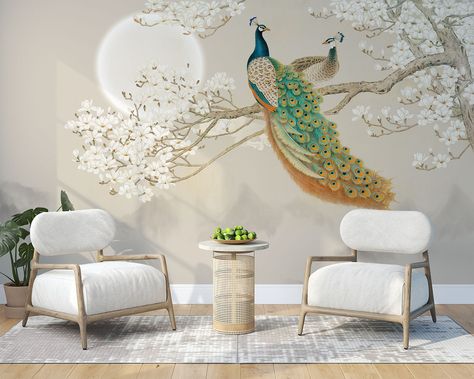 Peacock Wallpaper, Look Wallpaper, Tree Wall Murals, Blossom Branch, Magnolia Blossom, Chinoiserie Wallpaper, Removable Wall Murals, Bird Wallpaper, Paper Wallpaper