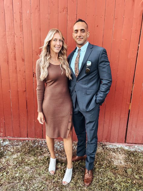 Brown Dress Couple Outfit, Fall Wedding Couple Outfits Guest, Couples Wedding Guest Outfits Fall, Brown Wedding Guest Outfit, Mens Fall Wedding Attire Guest, Couples Wedding Guest Outfits, Wedding Guest Autumn, Men Wedding Attire Guest, Dressy Casual Wedding