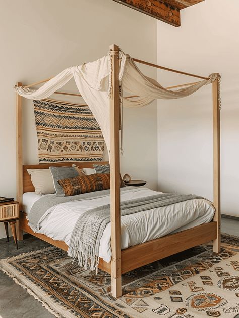 How to Seamlessly Blend Modern and Boho Styles Canapy Bed, King Bedframe Ideas, Canopy Bedroom Design, Modern Boho Bedroom, Canopy Bedroom, Contemporary Bar Stools, Serene Bedroom, Wallpaper Walls Decor, Living Room Windows