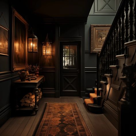 Dark Hallway Ideas, Hallway Interior Design, Hallway Wall Colors, Dark And Moody Interiors, Hallway Interior, Dark Basement, Dark Hallway, House Flippers, Moody Interiors