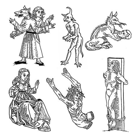 New flash sheet of weird medieval woodcuts. Does anyone else love this stuff as much as I do? Really want to tattoo some of these and my… Medieval Engraving, Woodcut Tattoo, Medieval Drawings, Medieval Tattoo, Engraving Tattoo, Medieval Artwork, Devil Tattoo, Witch Tattoo, Lino Art