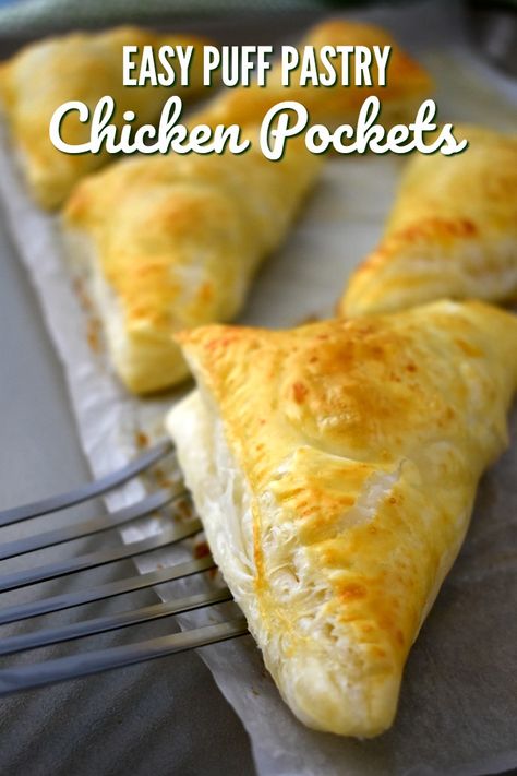 Puff Pastry Chicken Bundles, Chicken Hand Pies Puff Pastries, Recipes Using Pastry Dough, Puff Pastry Wrapped Chicken, Chicken In A Pastry, Pastry Puff Dinner Recipes, Puff Pastry Recipes With Chicken, Recipes Using Puff Pastry Dinners, Puff Pastry Pies Savory