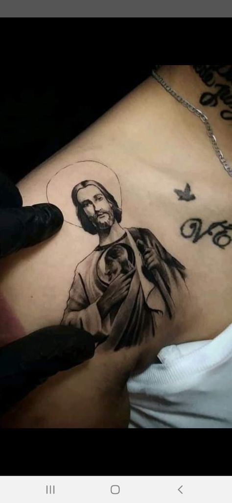 San Judas Tattoo Women, San Judas Tadeo Tattoo For Women, San Judas Tadeo Tattoo, Small Music Tattoos, Remembrance Tattoos, Hand And Finger Tattoos, Saint Jude, Cool Forearm Tattoos, Tattoo Templates