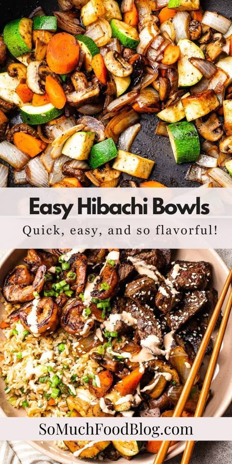 These easy Hibachi Bowls are loaded with succulent shrimp, tender sirloin, fried rice, veggies, and creamy hibachi sauce. If you’re a Benihana fan, there’s no reason why you can’t make amazing hibachi from the comfort of your own home! Hibachi Recipes Healthy, Quick Hibachi Recipes, Hibachi Recipes At Home, Hibachi Stir Fry Recipes, Lazy Girl Hibachi Bowls, Hibachi Bowls Meal Prep, Hibachi For A Crowd, How To Make Hibachi Vegetables, Rice Bowls Steak