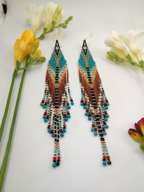 Turquoise Southwestern Earrings With Beaded Fringe, Turquoise Bohemian Beaded Fringe Earrings, Elegant Turquoise Beaded Fringe Earrings, Artisan Beaded Fringe Earrings For Beach, Beading Earring, Blue Bohemian Beaded Fringe Earrings, Long Seed Bead Earrings, Leather Beaded Jewelry, Fringed Earrings