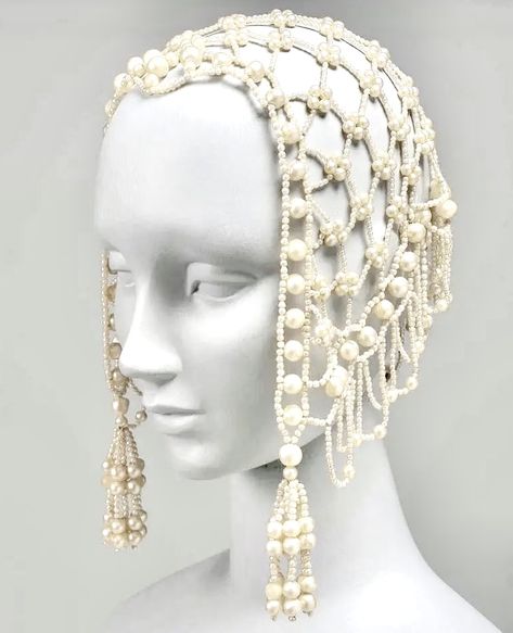 1920s Pearl Headpiece, Crochet Headpiece, Pearl Head Piece, Beaded Headdress, Pearl Hat, قلادات متدلية, 1920s Headpiece, Beaded Headpiece, Dope Jewelry Accessories