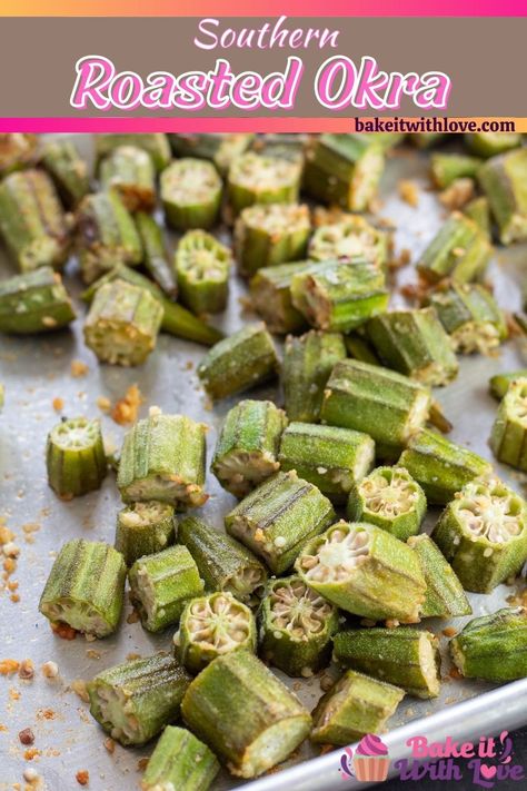 Okra doesn't have to be fried to be delicious, try this roasted okra with simple seasoning and some garlic and you won't look back! This easy veggie side dish is packed full of flavor, and is much healthier than its fried counterpart! BakeItWithLove.com #bakeitwithlove #ovenroasted #okra #sides #easy #southern Oven Roasted Okra, Bbq Meals, Easy Veggie Side Dish, Roasted Okra, Veggie Side Dish, Keto Vegetables, Seafood Party, Baked Chicken Drumsticks, Okra Recipes