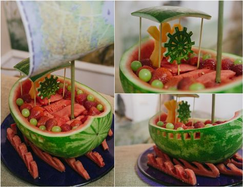 Cute explorer party ideas! Watermelon Boat, Explorer Party, Edible Fruit Arrangements, Paper Boats, Fruit Platter Designs, Fruit Creations, Watermelon Carving, Sun Moon And Stars, Best Party Food